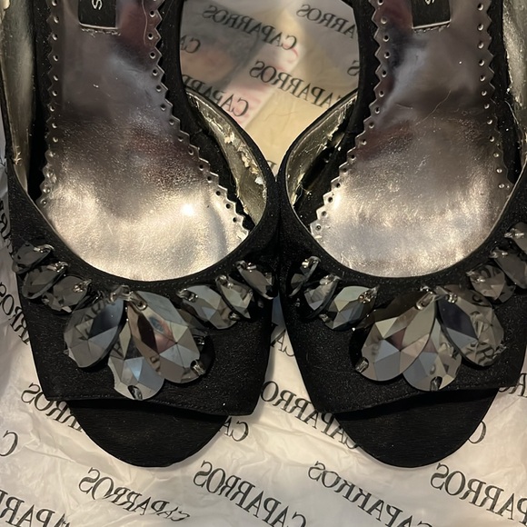 EUC Black grosgrain size 6 4 inch heels with hematite colored crystal on toe box - Picture 2 of 5